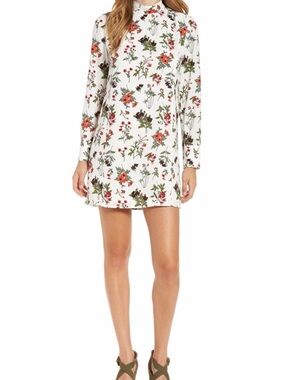 Leith Nordstrom Mock Neck Floral Long Shift Dress Ivory Keyhole Back Lined